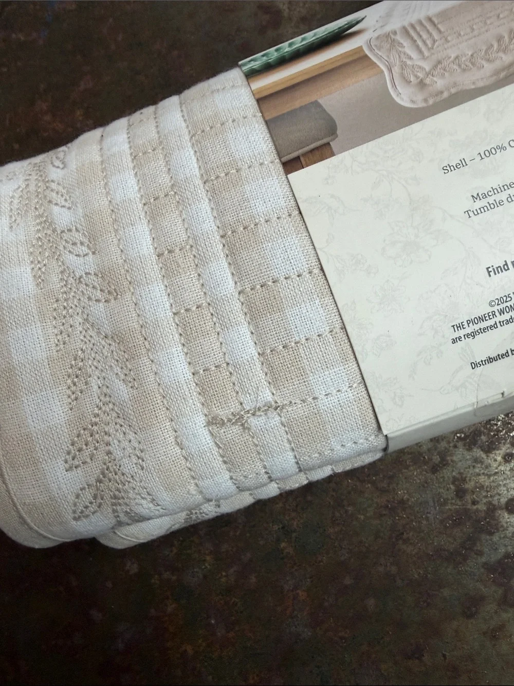 The Pioneer Woman French Oak Reversible Quilted Mini Gingham Table Runner. 14x90